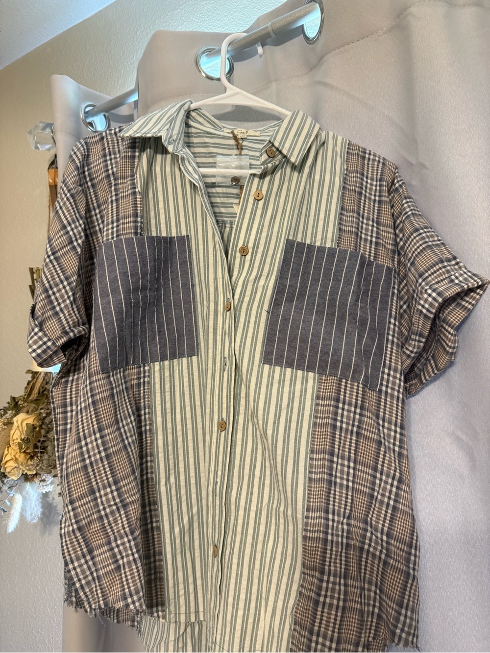 easel Patchwork Short-Sleeve Button-Down Shirt in Blue & Cream